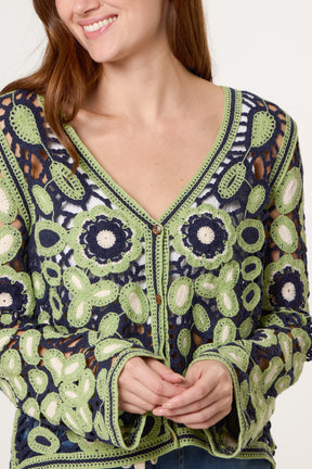 Abstract Floral Crochet V Cardigan