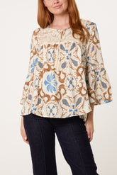 Floral Damask Crochet Detail Blouse