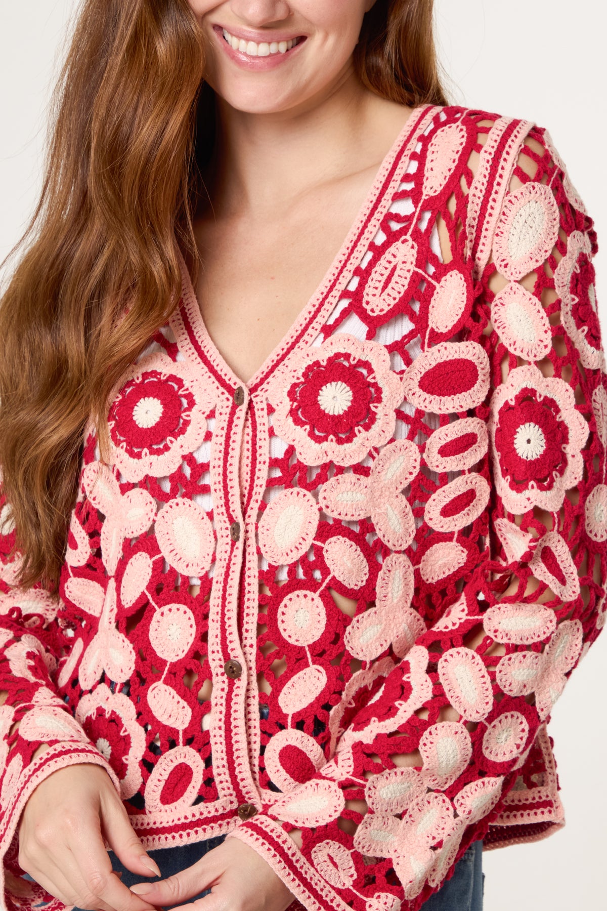 Abstract Floral Crochet V Cardigan