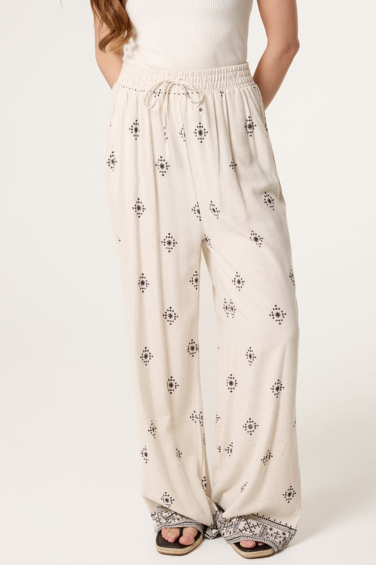 Embroidery Detail Linen Wide Leg Trousers