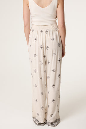 Embroidery Detail Linen Wide Leg Trousers