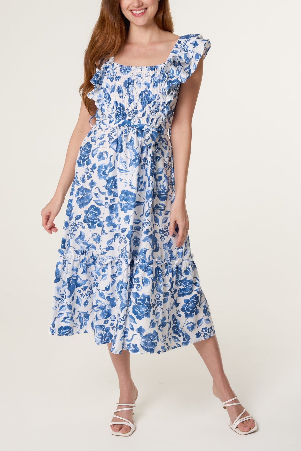 Floral Print Frill Belted Dress