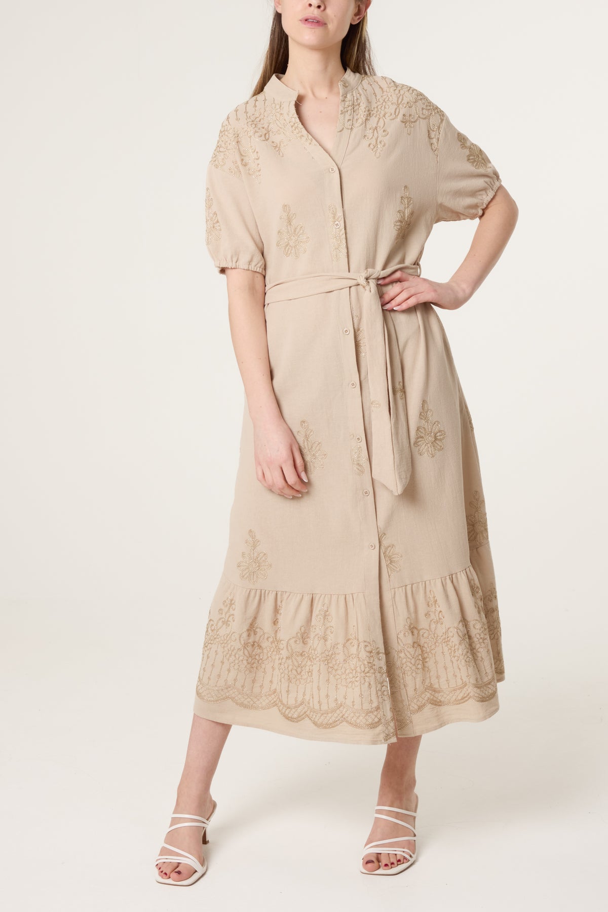 Floral Embroidery Tie Front Button Dress