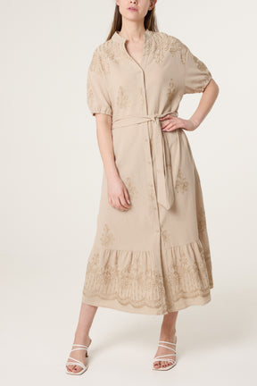 Floral Embroidery Tie Front Button Dress