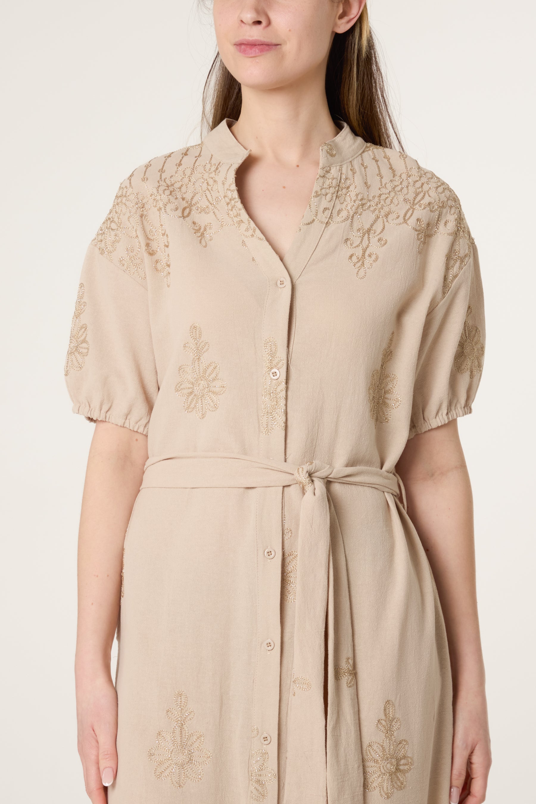 Floral Embroidery Tie Front Button Dress