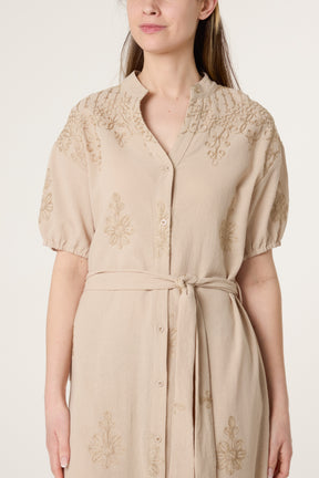Floral Embroidery Tie Front Button Dress