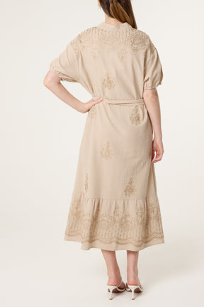 Floral Embroidery Tie Front Button Dress