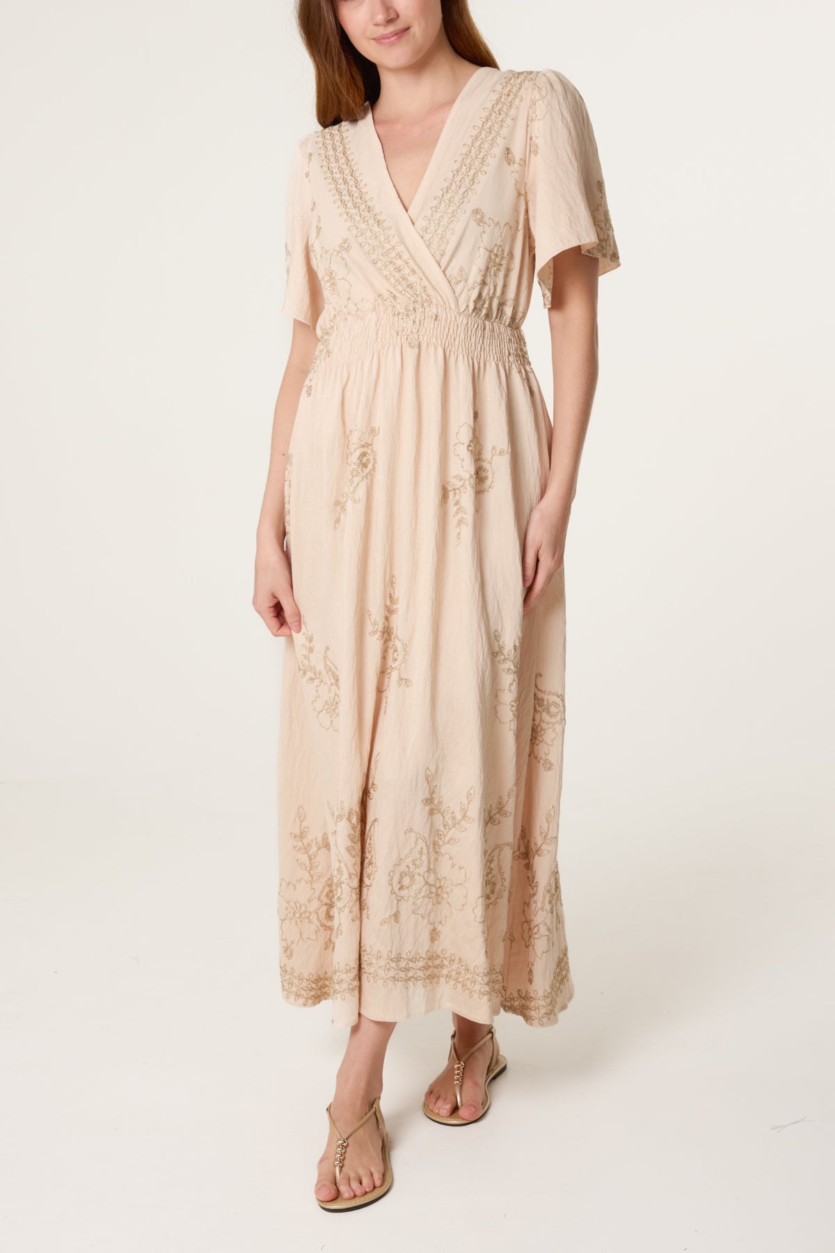 Floral Embroidery Wrap Midi Dress