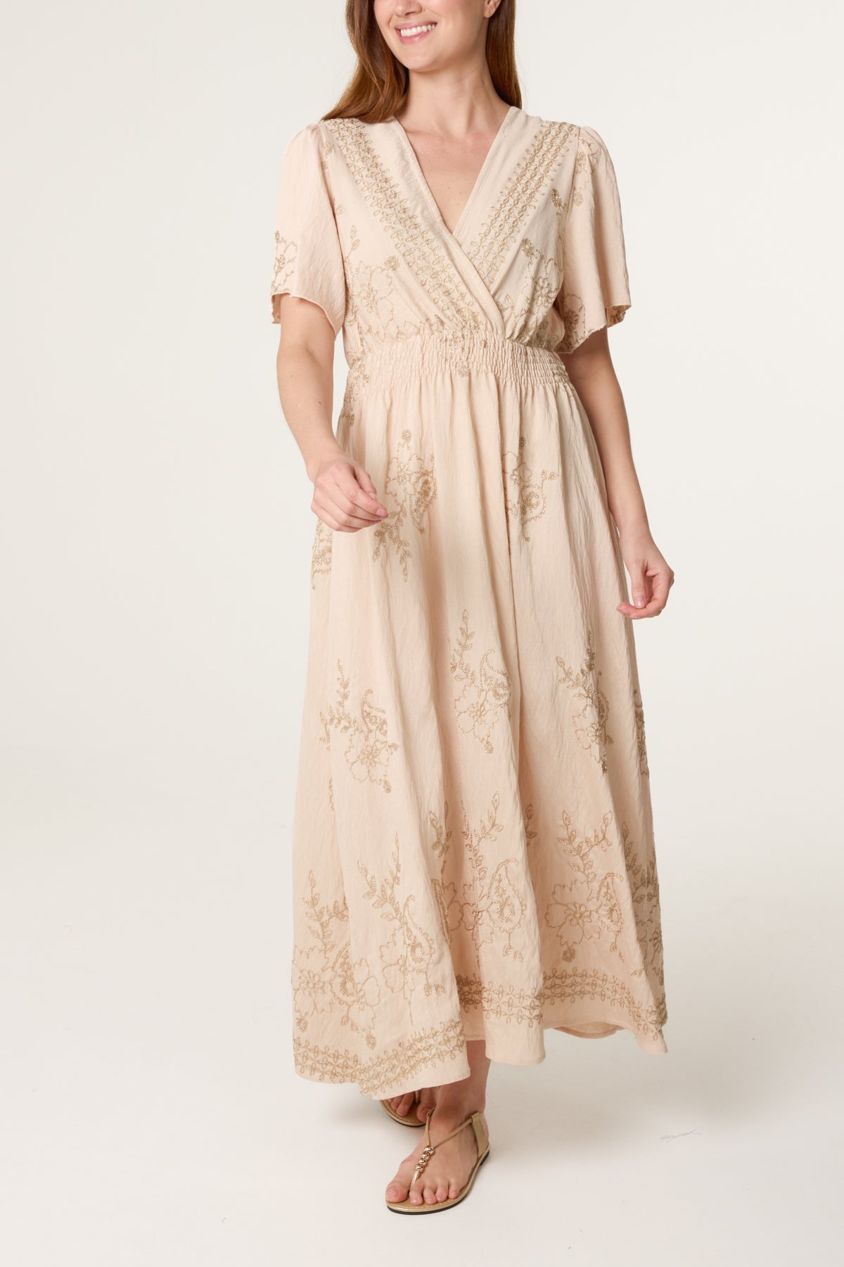 Floral Embroidery Wrap Midi Dress