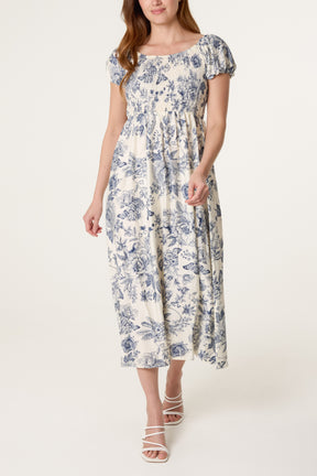 Butterfly & Flowers Shirred Bust Dress