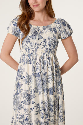 Butterfly & Flowers Shirred Bust Dress