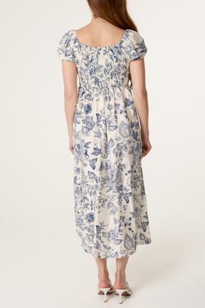 Butterfly & Flowers Shirred Bust Dress