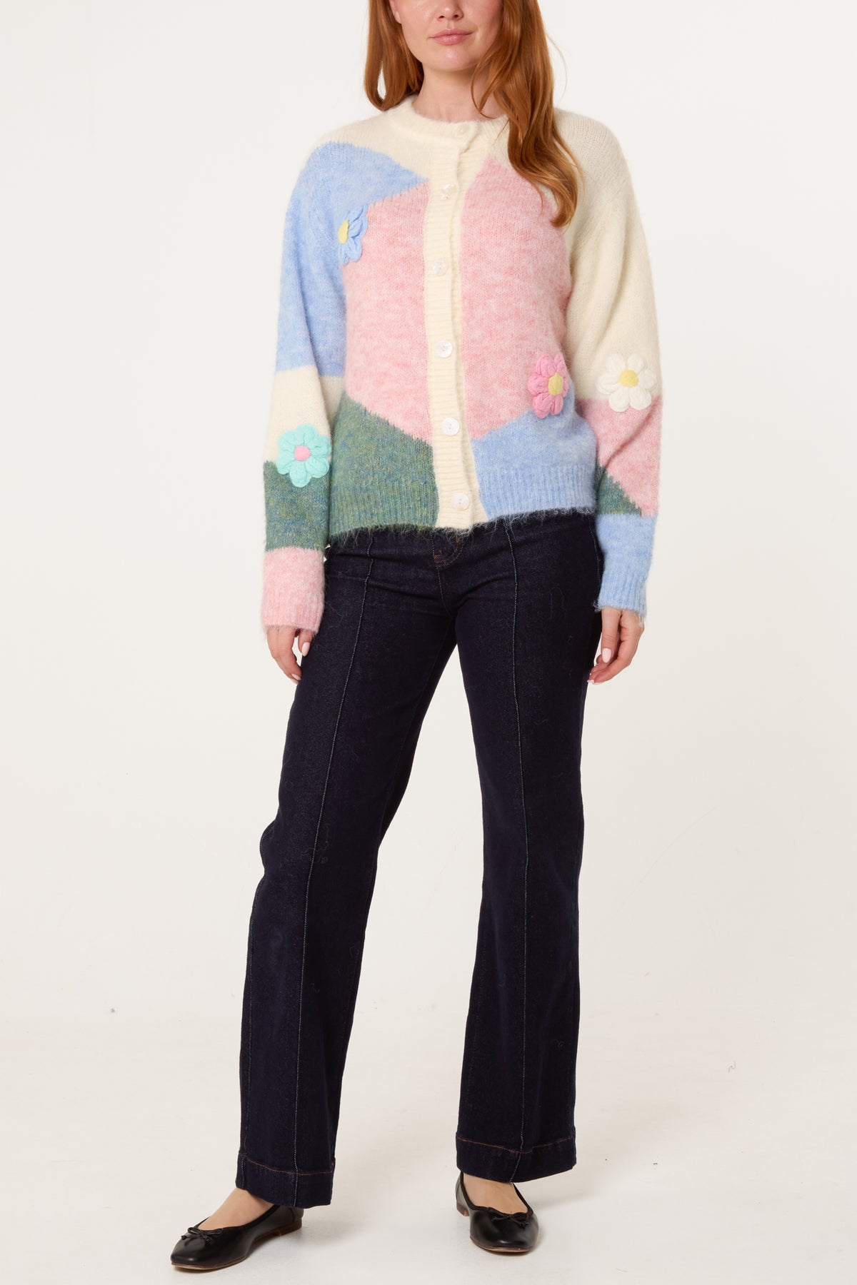 Colour Block Knit Flowers Cardigan