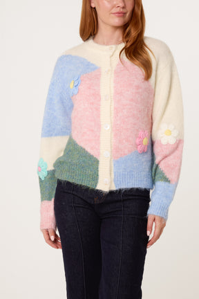 Colour Block Knit Flowers Cardigan