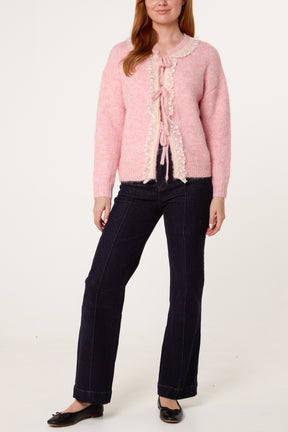 Tie Bow Front Lace & Knit Cardigan