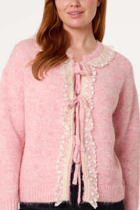 Tie Bow Front Lace & Knit Cardigan
