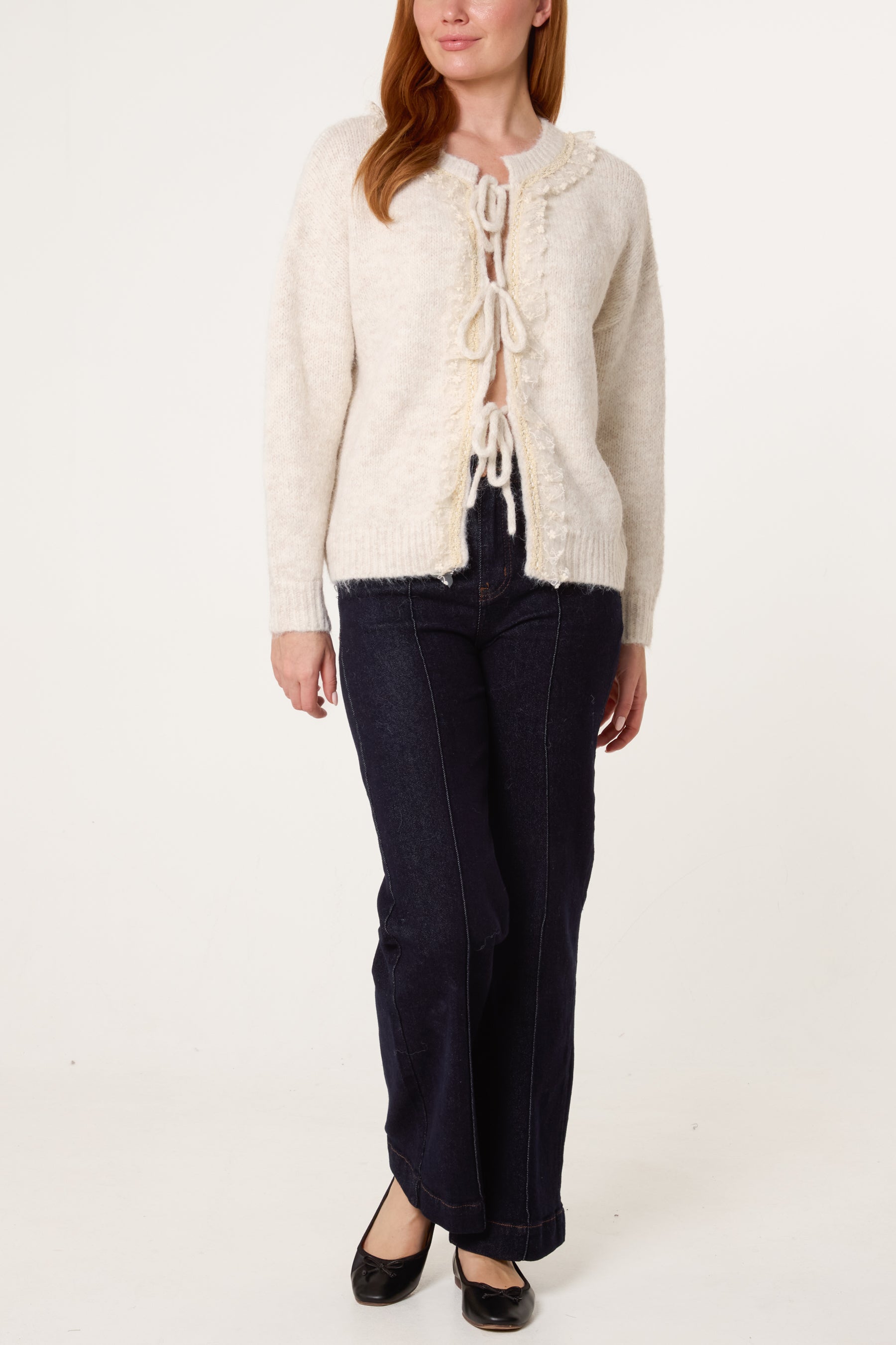 Tie Bow Front Lace & Knit Cardigan