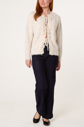 Tie Bow Front Lace & Knit Cardigan
