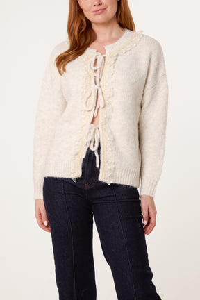 Tie Bow Front Lace & Knit Cardigan