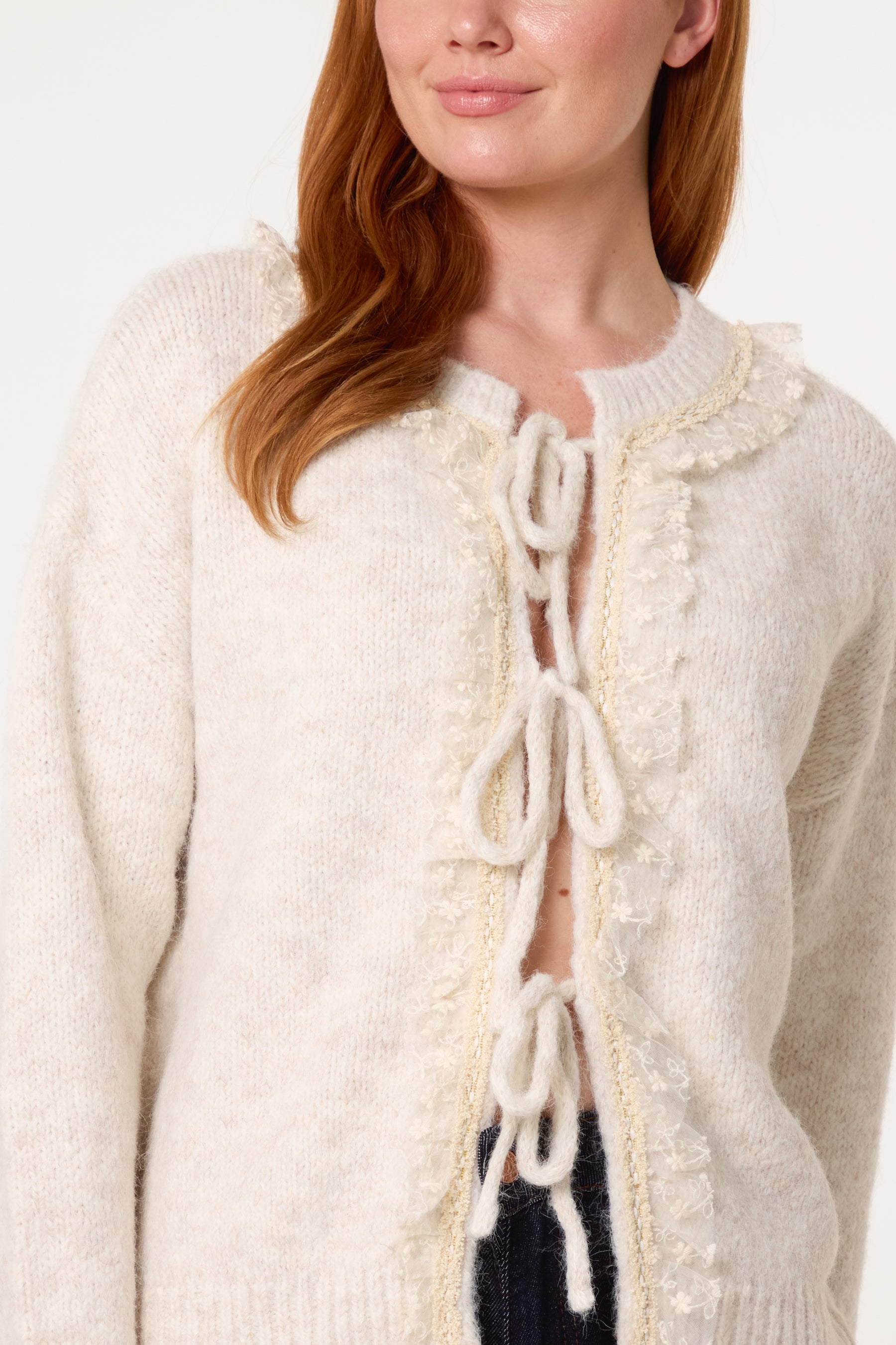 Tie Bow Front Lace & Knit Cardigan