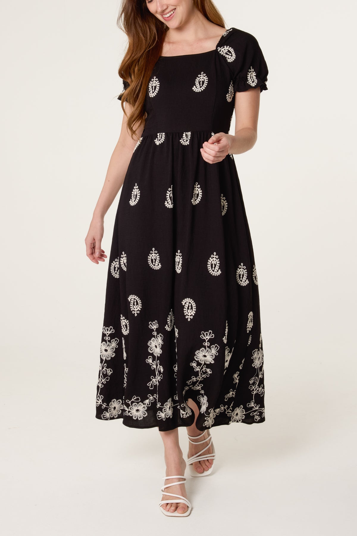 Floral Paisley Embroidery Midi Dress
