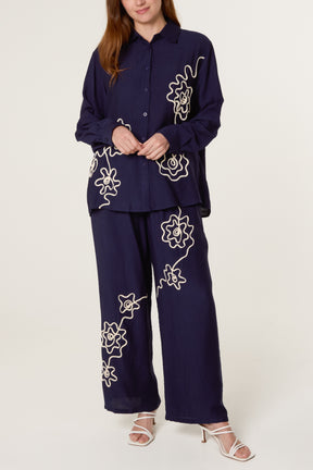 Floral Embroidery Shirt & Trousers Set