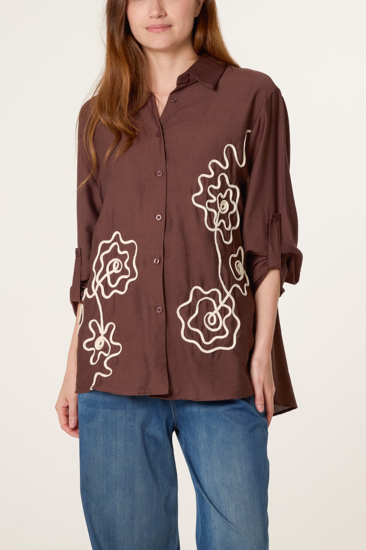 Floral Embroidery Roll Sleeve Shirt