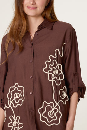 Floral Embroidery Roll Sleeve Shirt