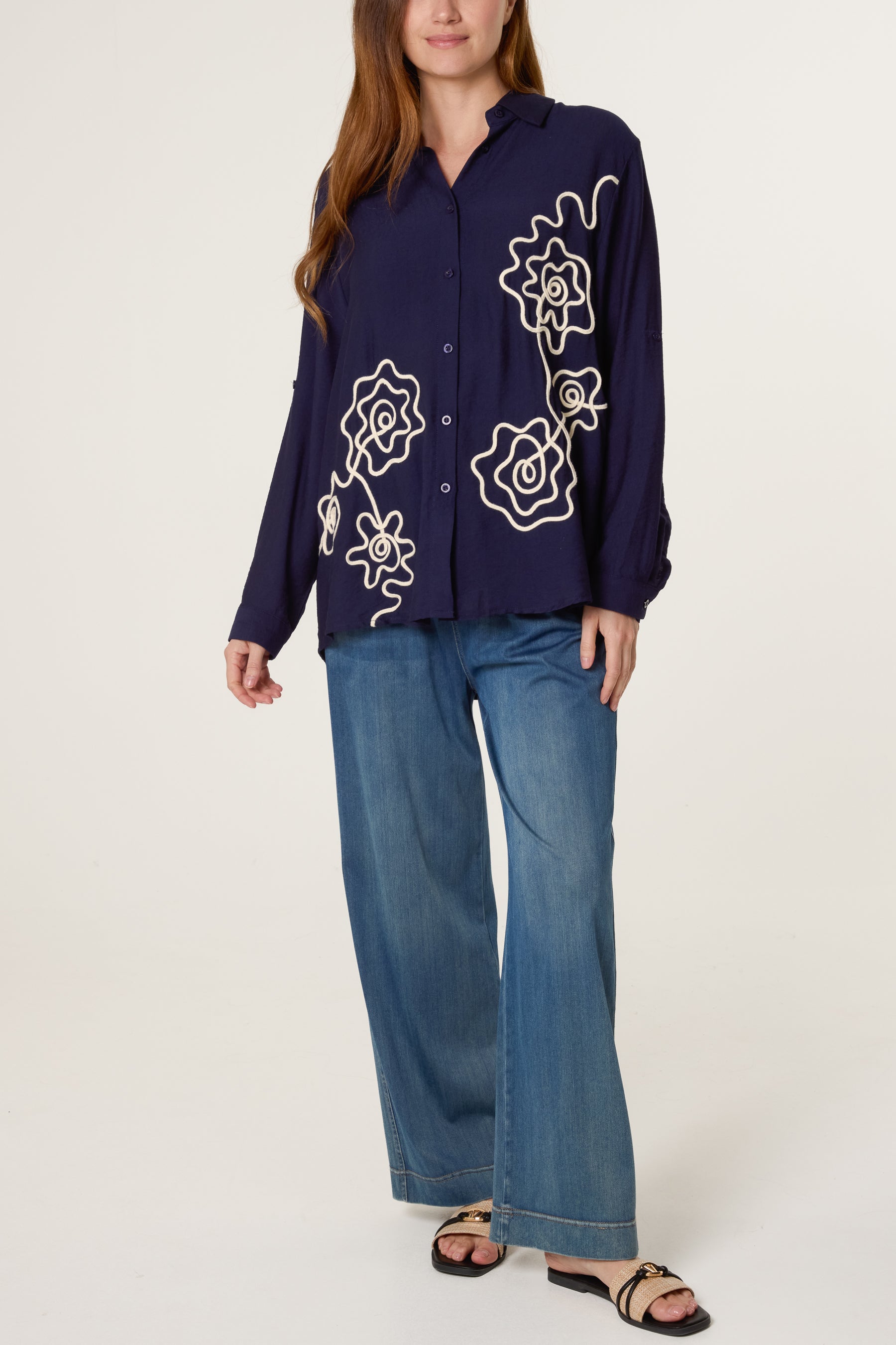 Floral Embroidery Roll Sleeve Shirt