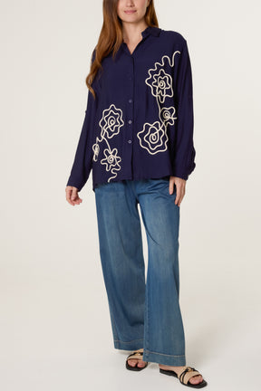 Floral Embroidery Roll Sleeve Shirt