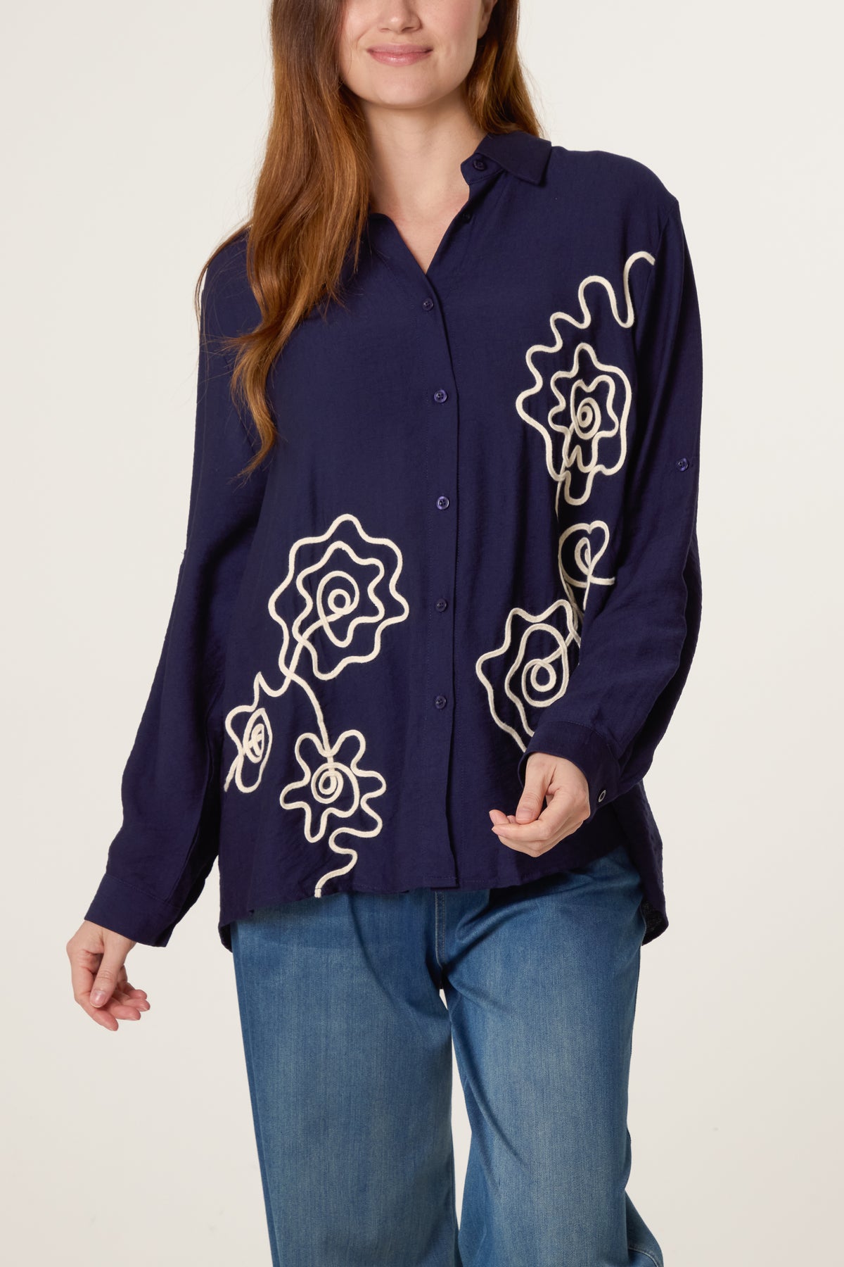 Floral Embroidery Roll Sleeve Shirt