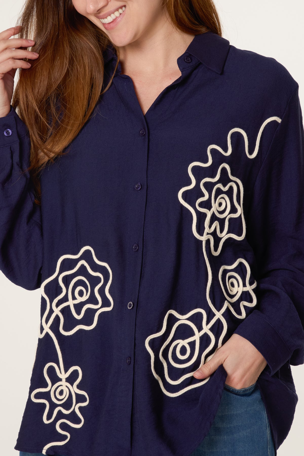 Floral Embroidery Roll Sleeve Shirt