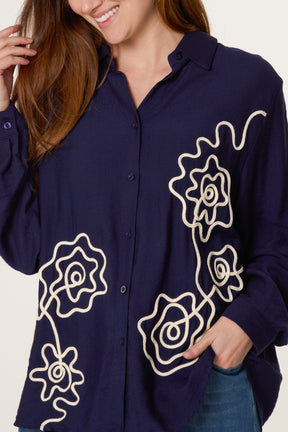 Floral Embroidery Roll Sleeve Shirt