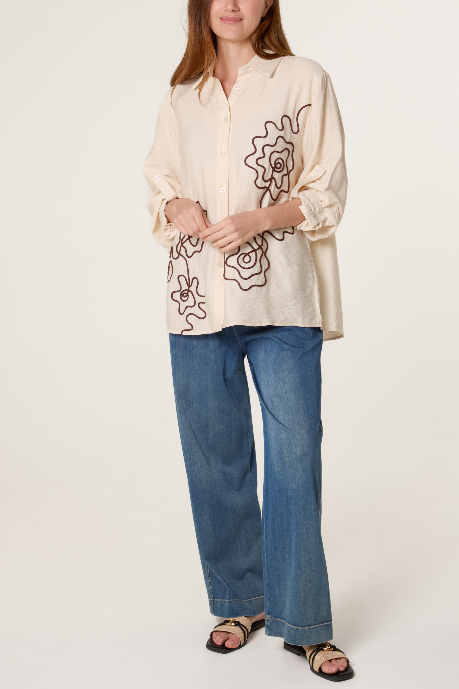 Floral Embroidery Roll Sleeve Shirt