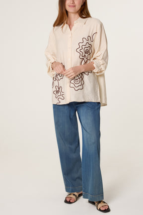 Floral Embroidery Roll Sleeve Shirt