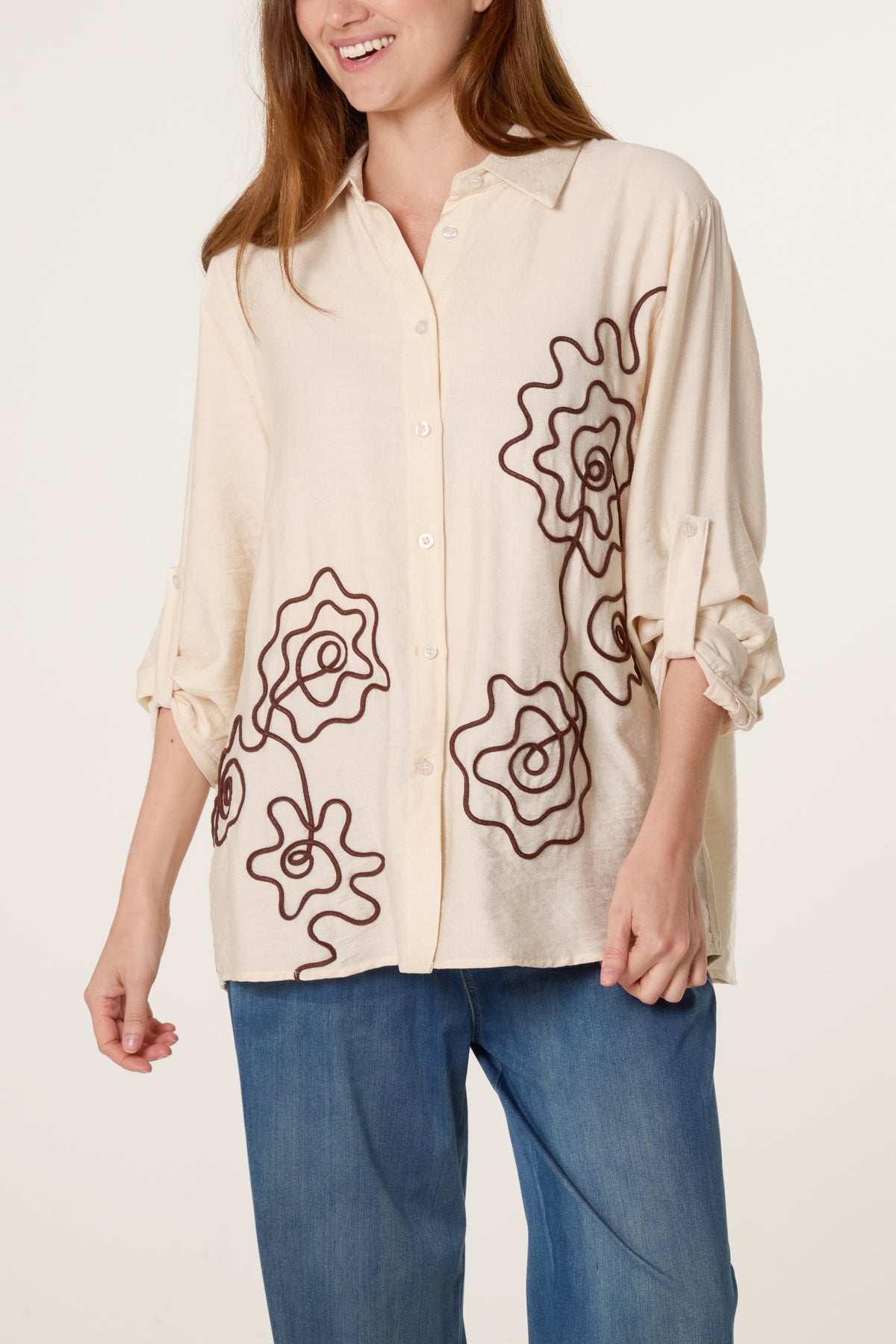 Floral Embroidery Roll Sleeve Shirt
