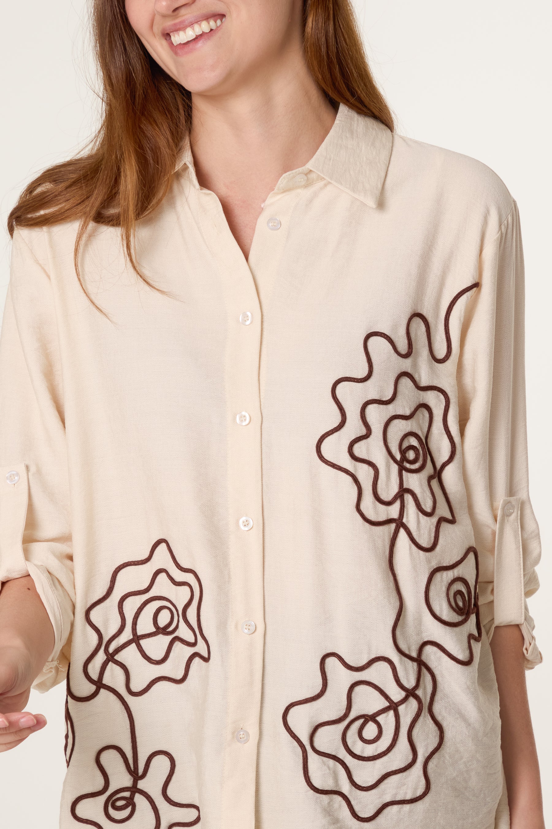 Floral Embroidery Roll Sleeve Shirt