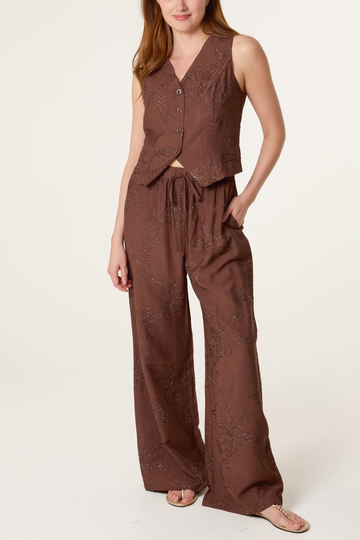 Sparkle Flower Embroidery Vest & Trouser Set