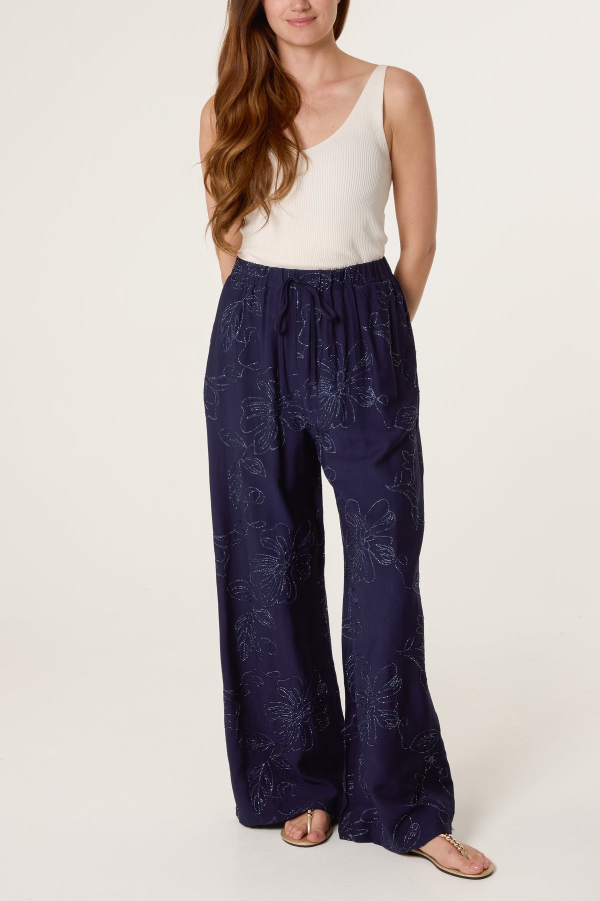 Sparkle Flower Embroidered Wide Leg Trousers