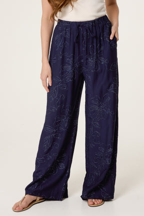 Sparkle Flower Embroidered Wide Leg Trousers