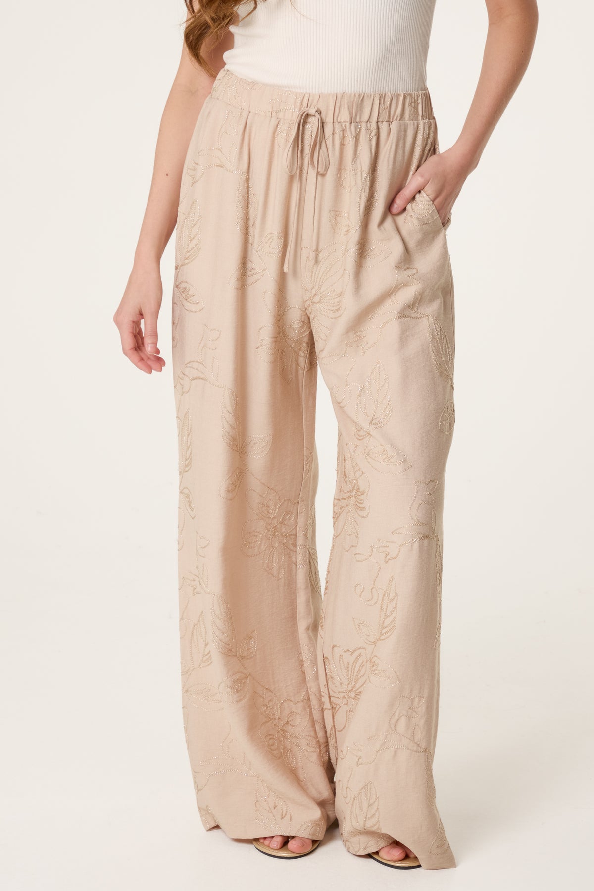 Sparkle Flower Embroidered Wide Leg Trousers