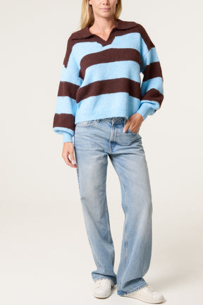 Polo Collar Striped Knit Jumper