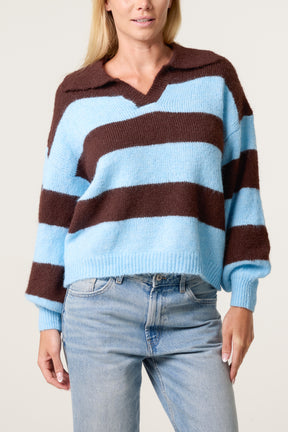 Polo Collar Striped Knit Jumper