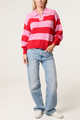 Polo Collar Striped Knit Jumper