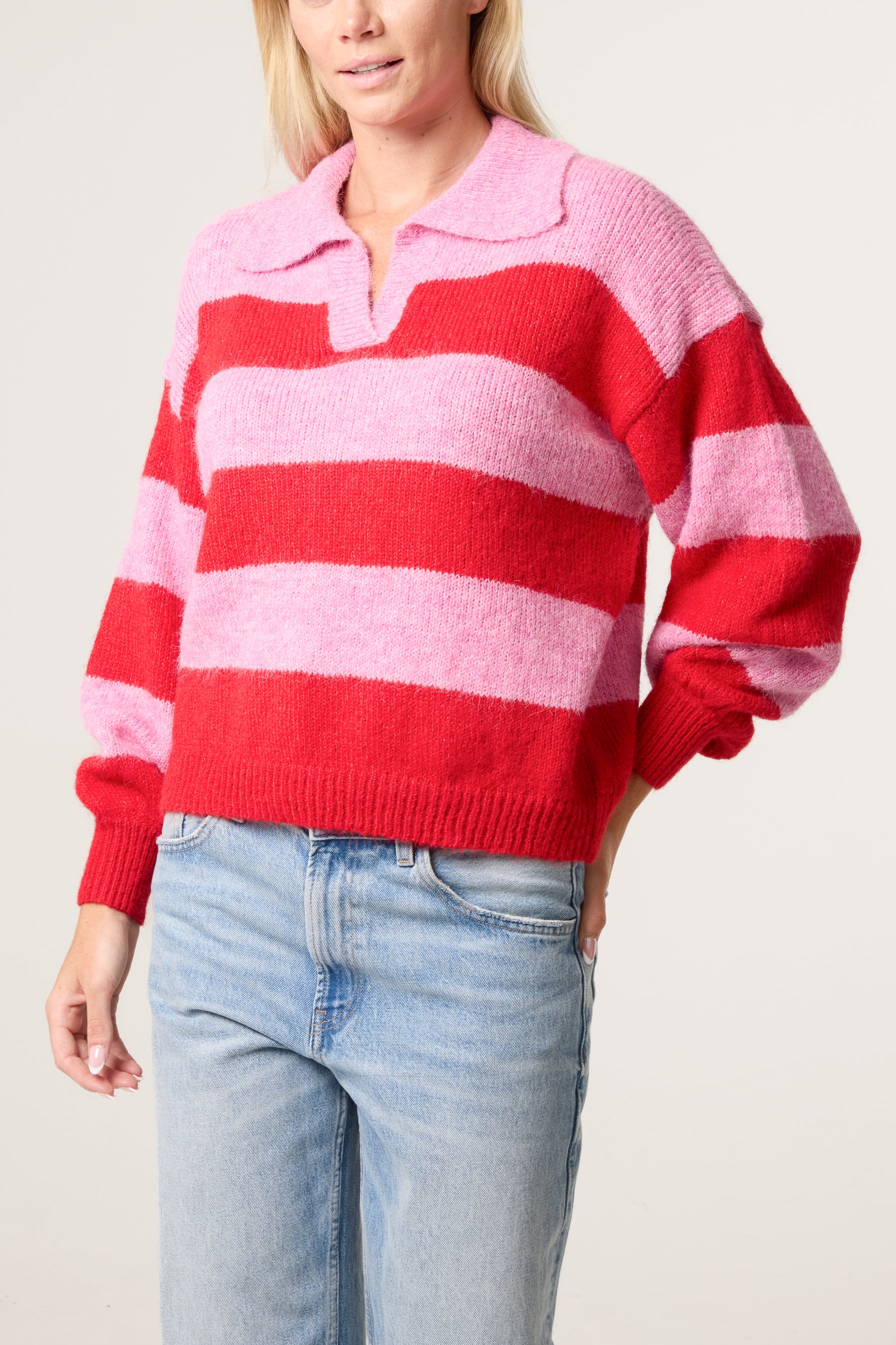 Polo Collar Striped Knit Jumper