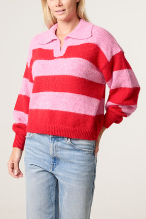 Polo Collar Striped Knit Jumper