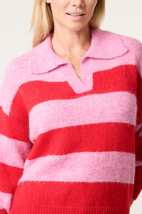 Polo Collar Striped Knit Jumper