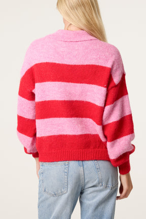 Polo Collar Striped Knit Jumper