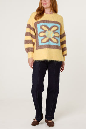 Flower Illustration Balloon Sleeve Knit Jumper