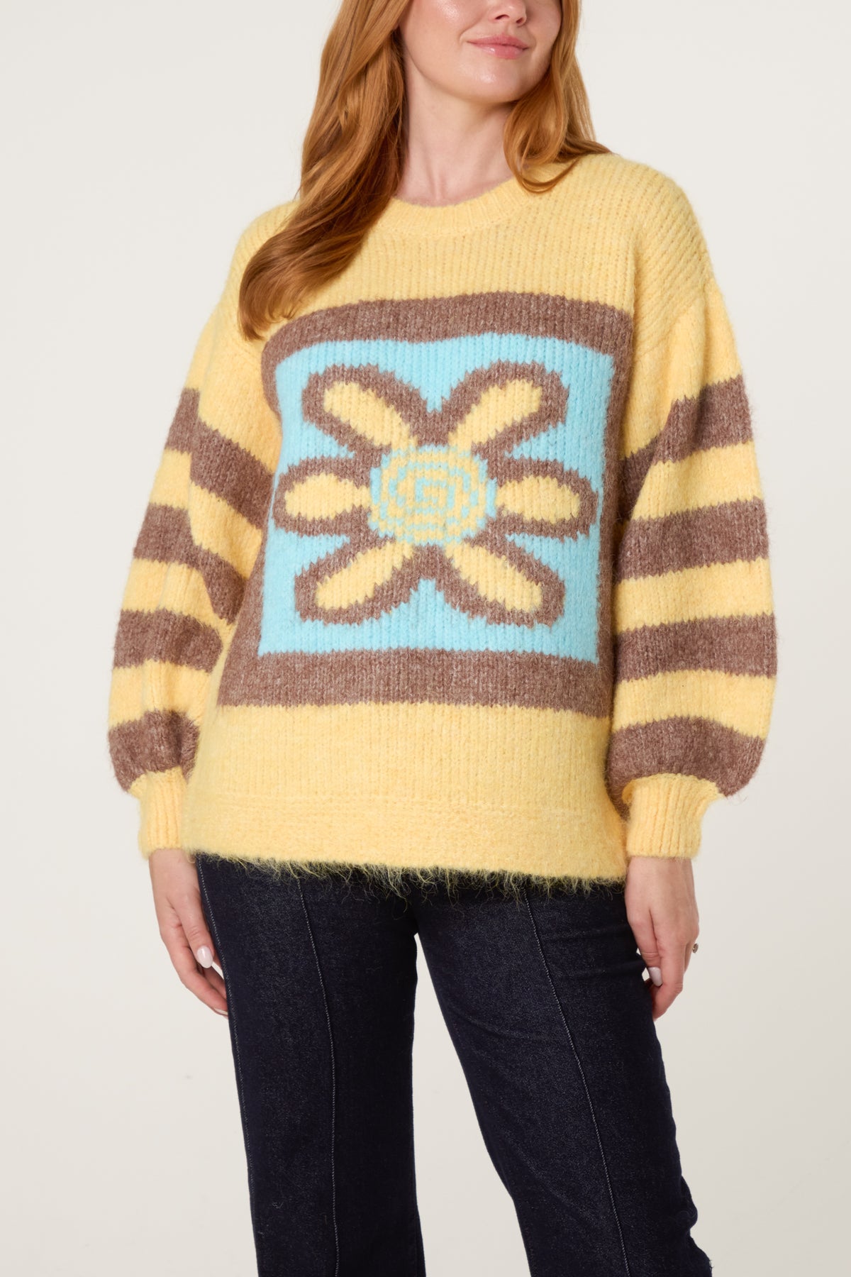 Flower Illustration Balloon Sleeve Knit Jumper